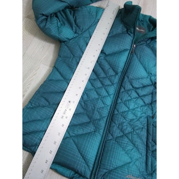 Eddie Bauer Women's Small Goose Down Jacket Green Plaid Puffer Quilted Ski Coat - Picture 10 of 11